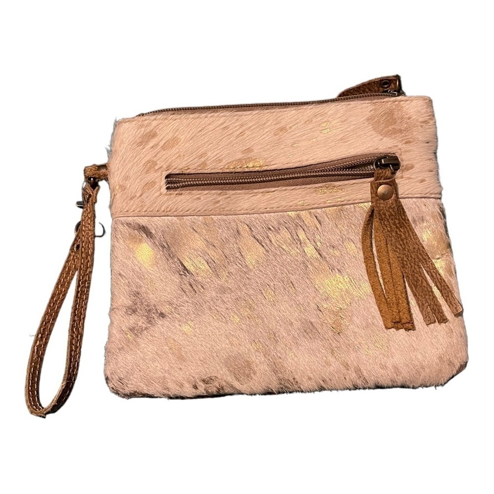 Myra leather metallic hairon Hyde wristlet/clutch tan leather strap/zip tassel
